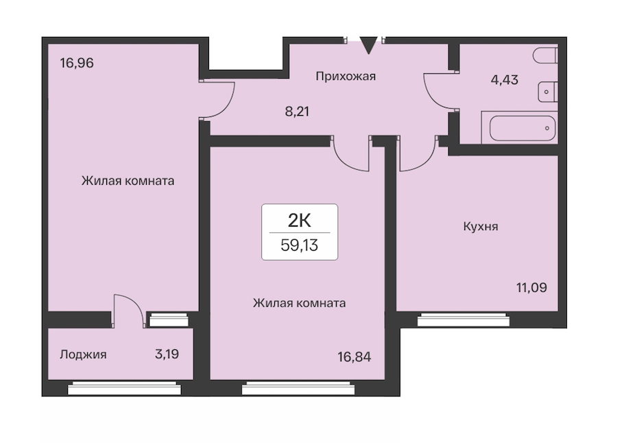 2-комнатная квартира 59.13 м², 1/9 эт., ЖК «Расцветай в Янино»